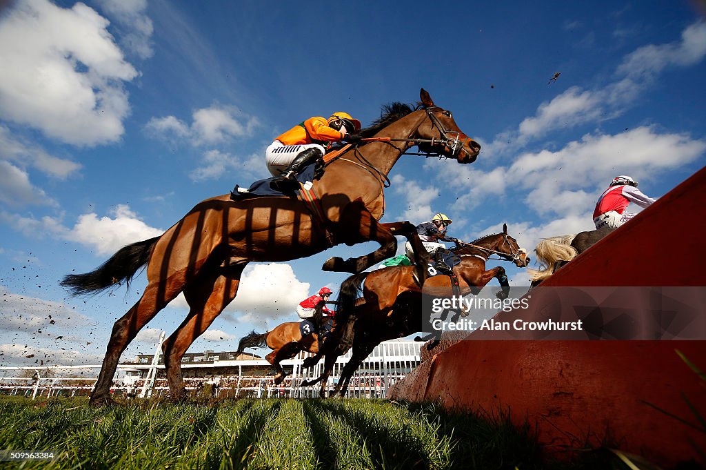 Huntingdon Races Leighton Aspell riding Fight Commander clear the open ditch on their ...