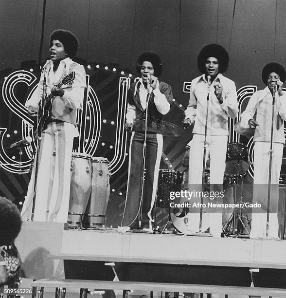 The Jackson Five on stage at Soul Train, from left Jermaine, Randy, Tito and Michael, August 16, 1975. .