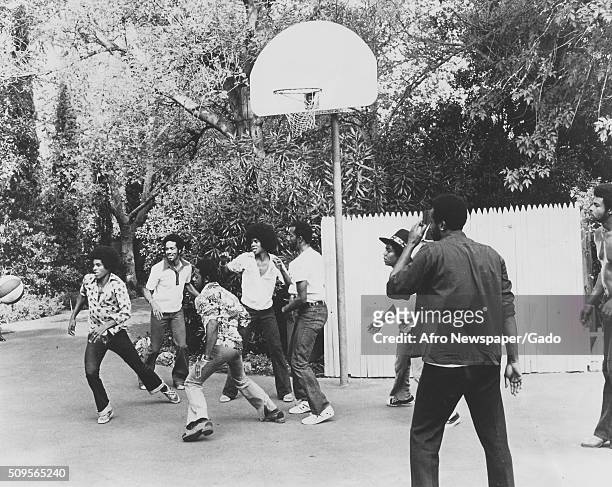 The Jacksons, the Temptations, and Marvin Gaye playing basketball, September 30, 1972. .