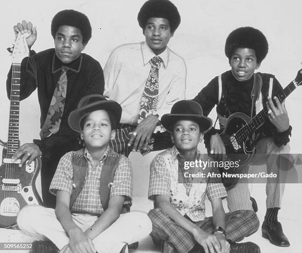 Picture of the Jackson Five when their hit I Want You Back topped most lists, from left Marlon, Michael, Jermaine, Toriano, and Jackie, 1970. .