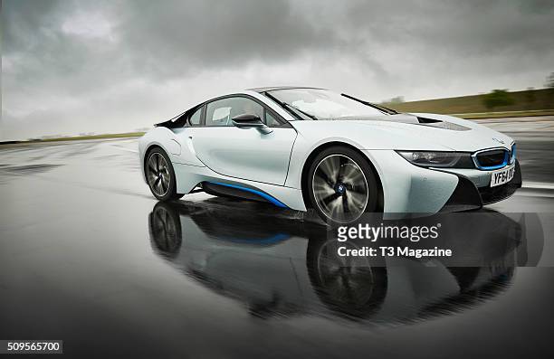 I8 hybrid sports car being test-driven at Bedford Autodrome Circuit in Bedfordshire, taken on July 13, 2015.
