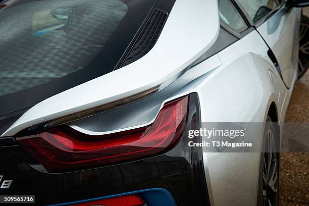 Detail of a BMW i8 hybrid sports car at Bedford Autodrome Circuit in Bedfordshire, taken on July 13, 2015.