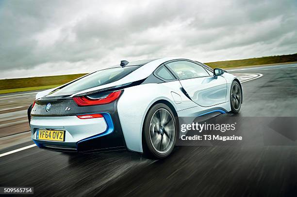 I8 hybrid sports car being test-driven at Bedford Autodrome Circuit in Bedfordshire, taken on July 13, 2015.