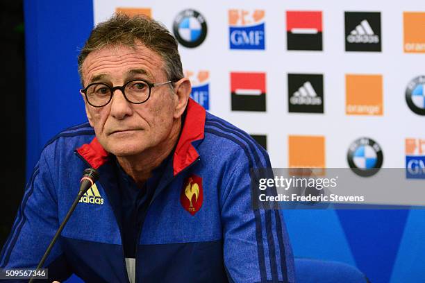 France head coach Guy Noves during a press conference at National Center of Rugby in Marcoussis, on February 18, 2016 in Paris, France. The press...