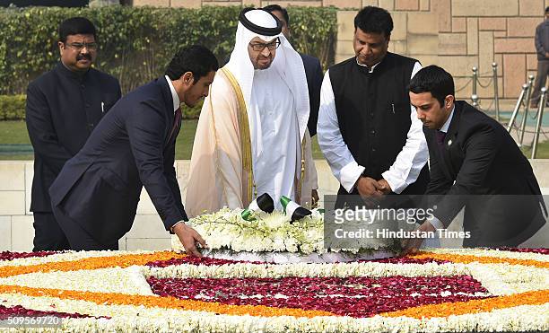 The Crown Prince of Abu Dhabi Sheikh Mohammed Bin Zayed Al Nahyan paying homage at the Samadhi of Mahatma Gandhi, at Rajghat as Minister of State for...
