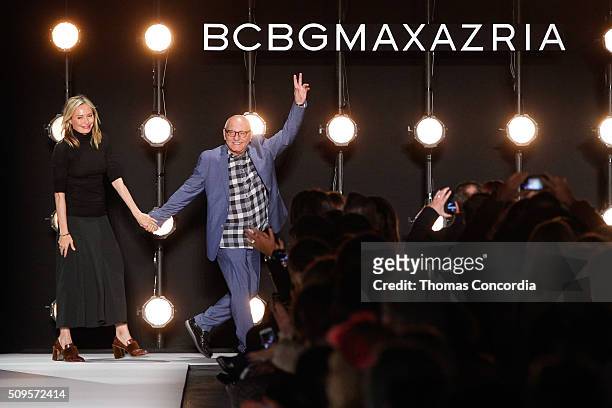Lubov Azria and Max Azria greet the audience after presenting the BCBGMAXAZRIA Fall 2016 Collection at The Arc, Skylight at Moynihan Station on...