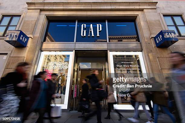 An exterior view of fashion retailer Gap's Oxford Street store on February 11, 2016 in London. The American clothing retailer with a turnover of 300...