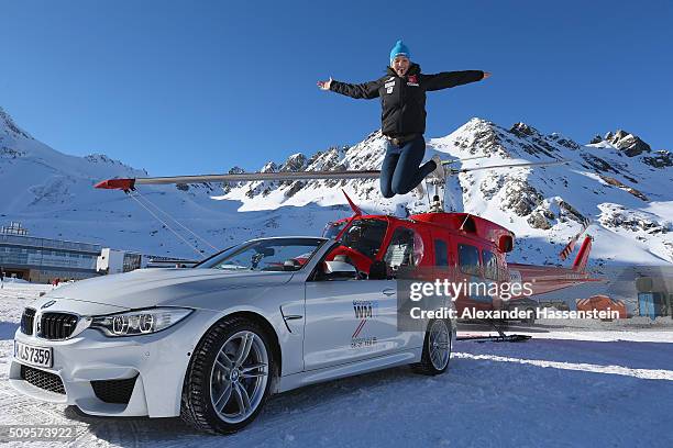 Christina Hengster jumpes during the BMW Snow Driving Experience prior to the IBSF World Championship 2016 on February 11, 2016 in Soelden, Austria.