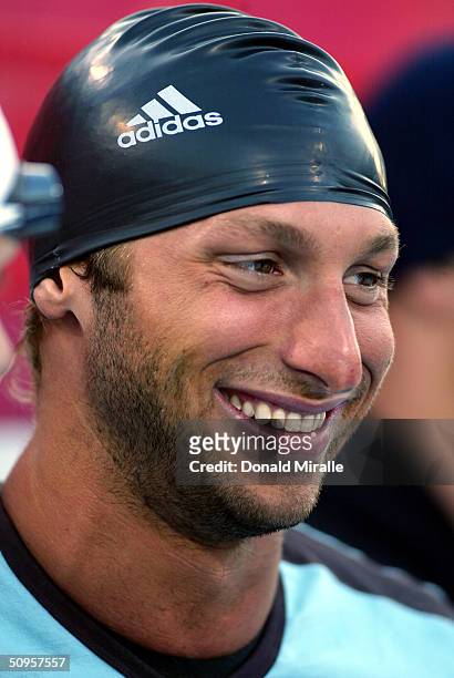 Ian Thorpe of Australia smiles before the start of the Men's 4X100 IM Relay Finals at the Janet Evans Invitational on June 13, 2004 in Long Beach,...