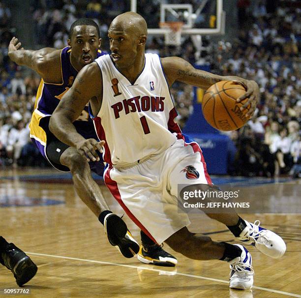 Chauncey Billups of the Detroit Pistons gets around Kobe Bryant of the Los Angeles Lakers during the second half of game four of the NBA Finals...