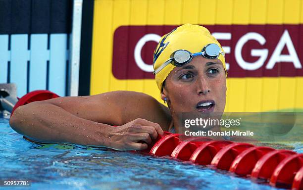 Gabrielle Rose reacts after her swim in the Women's 200M IM Finals at the Janet Evans Invitational on June 13, 2004 in Long Beach, California.