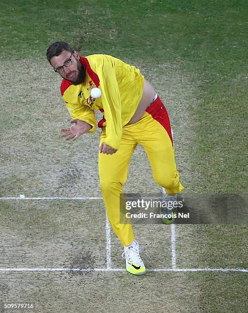 Daniel Vettori of Sagittarius Strikers bowls during the Oxigen Masters Champions League Semi Final match between Gemini Arabians and Sagittarius...