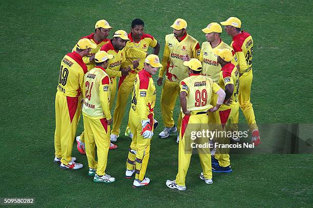 The Sagittarius Strikers players celebrate the wicket of Kumar Sangakarra during the Oxigen Masters Champions League Semi Final match between Gemini...