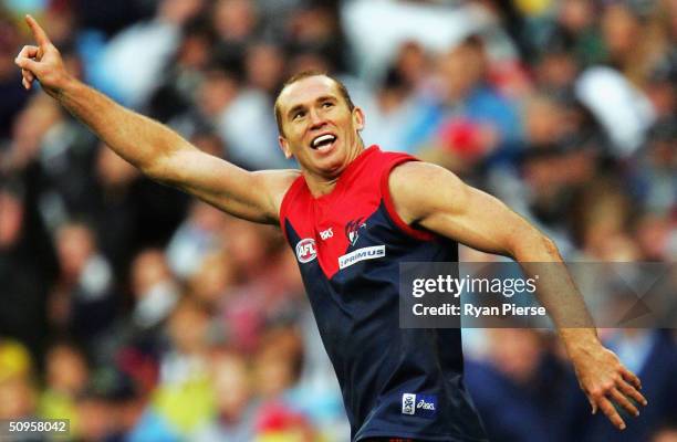 David Neitz for the Demons celebrates a goal during the round twelve AFL match between The Melbourne Demons and the Collingwood Magpies at the M.C.G....