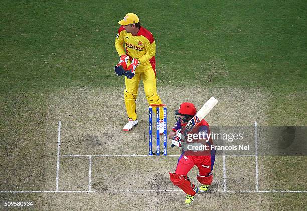 Brad Hodge of Gemini Arabians bats during the Oxigen Masters Champions League Semi Final match between Gemini Arabians and Sagittarius Strikers at...