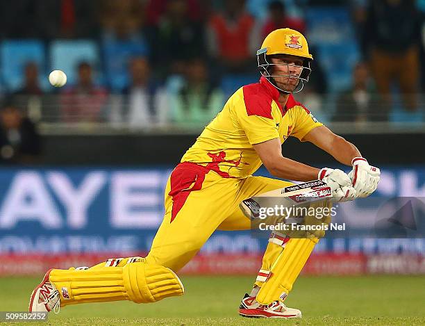 Jonathan Trott of Sagittarius Strikers bats during the Oxigen Masters Champions League Semi Final match between Gemini Arabians and Sagittarius...