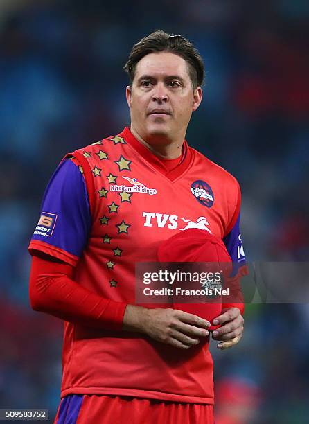 Paul Harris of Gemini looks on during the Oxigen Masters Champions League Semi Final match between Gemini Arabians and Sagittarius Strikers at Dubai...