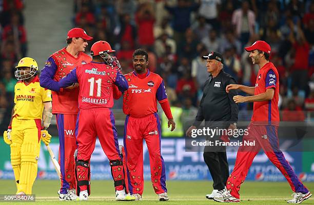 Muttiah Muralitharan of Gemini celebrates the wicket of Yasir Hameed of Sagittarius with his team-mates during the Oxigen Masters Champions League...