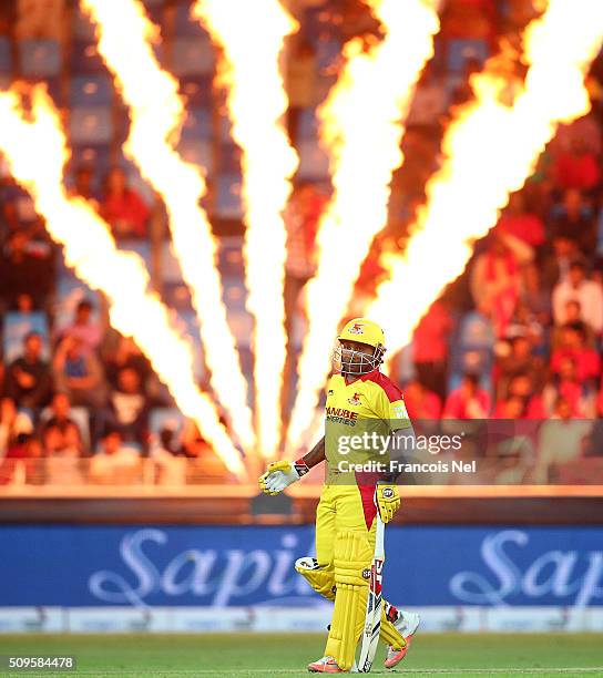 Mahela Jayawardene of Sagittarius Strikers looks on after hitting a six during the Oxigen Masters Champions League Semi Final match between Gemini...