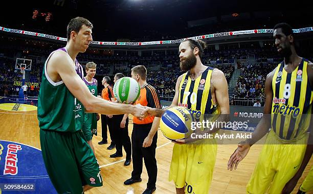 Unicaja Malaga players and Fenerbahce Istanbul players during the tip off ceremony during the Turkish Airlines Euroleague Basketball Top 16 Round 7...