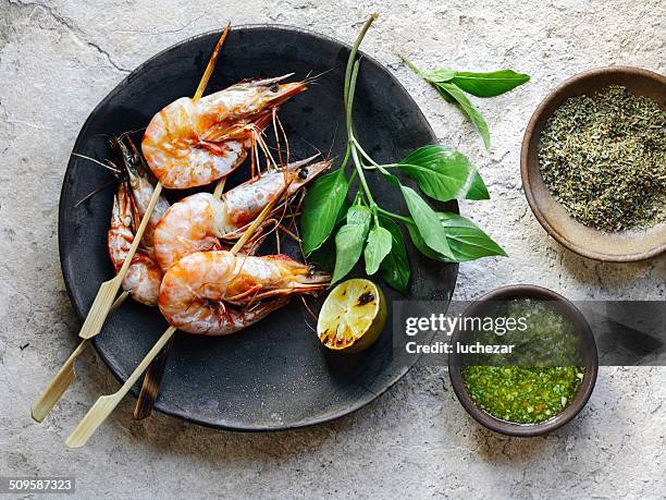 shrimp satay - pesto sauce stock pictures, royalty-free photos & images