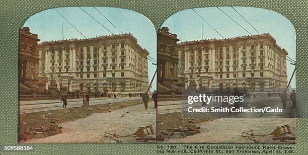 The fire devastated Fairmont Hotel crowning Nob Hill, California St, San Francisco, 1906. From the New York Public Library. .