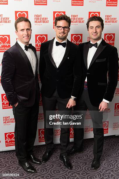 Jules Knight, Ollie Bains and Stephen Bowman of 'Blake' attend the British Heart Foundation: Roll Out The Red Ball at The Savoy Hotel on February 11,...