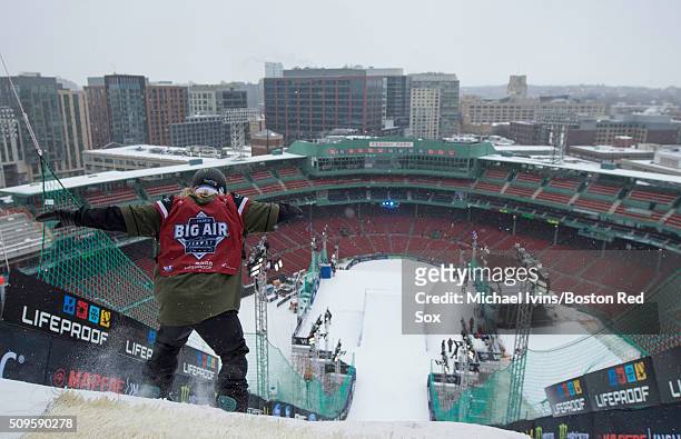 Snowboarder Sage Kotsenburg of the United States drops into the ramp during the preliminary round of the Polartec Big Air event at Fenway Park on...