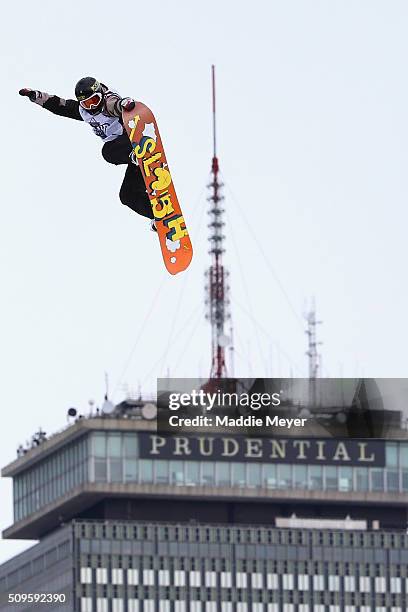 Cheryl Maas of the Netherlands makes a practice run during Polartec Big Air Day 1 at Fenway Park on February 11, 2016 in Boston, Massachusetts.