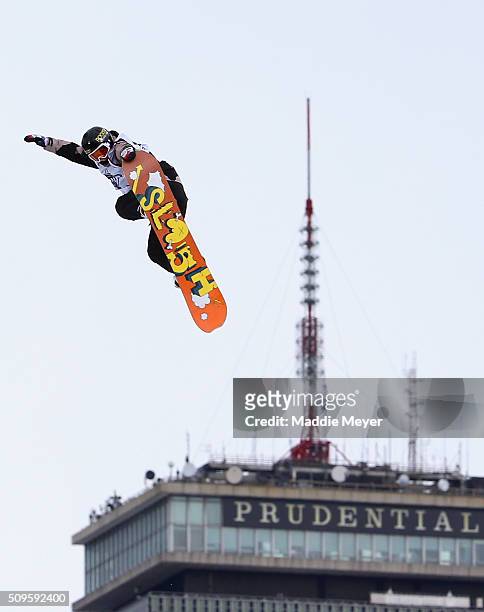 Cheryl Maas of the Netherlands makes a practice run during Polartec Big Air Day 1 at Fenway Park on February 11, 2016 in Boston, Massachusetts.