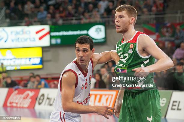 Davis Bertans, #42 of the Laboral Kutxa Vitoria Gasteiz in action against Nikos Zisis, #6 of the Brose Basktes Bamberg during the Turkish Airlines...