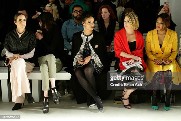 Journalist Louise Roe, Models Coco Rocha, Selita Ebanks, guest and Journalist, Alicia Quarles, attend the Marissa Webb Fall 2016 fashion show during...