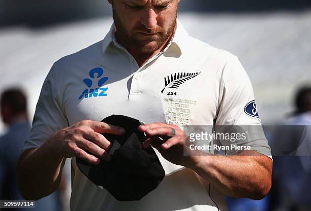 Brendon McCullum of New Zealand looks on before his 100th Test during day one of the Test match between New Zealand and Australia at Basin Reserve on...