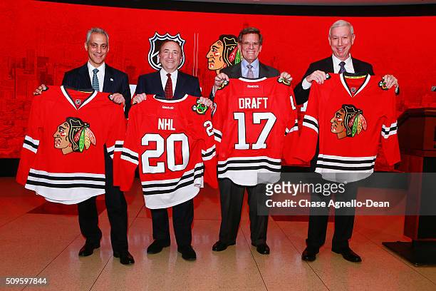 Chicago Mayor Rahm Emanuel, NHL Commissioner Gary Bettman, Chicago Blackhawks Owner Rocky Wirtz, and Chicago Blackhawks President & CEO John...