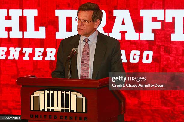 Chicago Blackhawks Owner Rocky Wirtz addresses the media during a press conference announcing the 2017 NHL Draft will be held at the United Center...