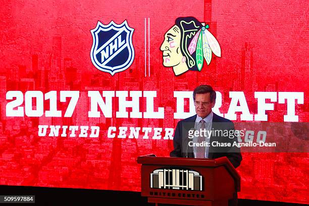 Chicago Blackhawks Owner Rocky Wirtz addresses the media during a press conference announcing the 2017 NHL Draft will be held at the United Center...