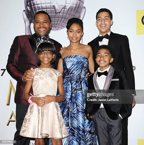 Actors Anthony Anderson, Marsai Martin, Yara Shahidi, Miles Brown and Marcus Scribner pose in the press room at the 47th NAACP Image Awards at...