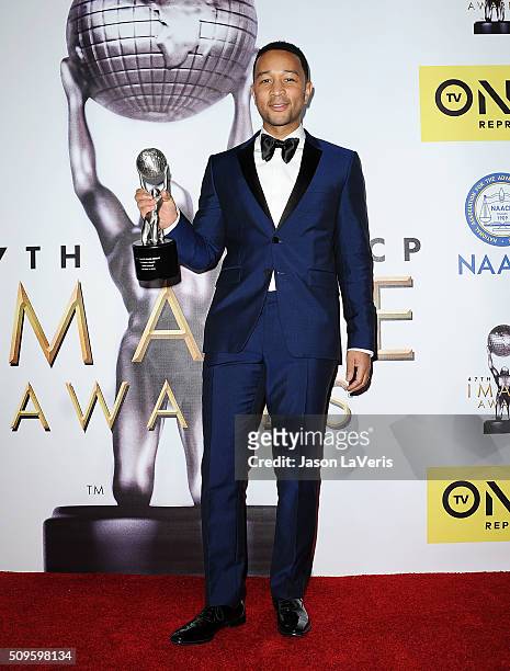 Singer John Legend poses in the press room at the 47th NAACP Image Awards at Pasadena Civic Auditorium on February 5, 2016 in Pasadena, California.