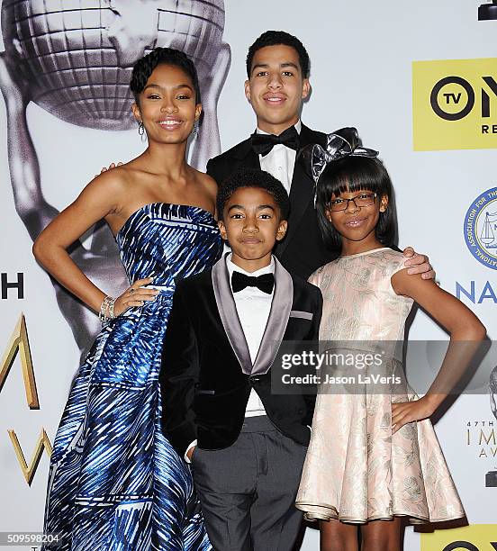 Actors Marsai Martin, Yara Shahidi, Miles Brown and Marcus Scribner pose in the press room at the 47th NAACP Image Awards at Pasadena Civic...