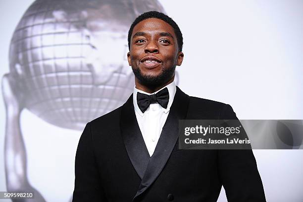 Actor Chadwick Boseman poses in the press room at the 47th NAACP Image Awards at Pasadena Civic Auditorium on February 5, 2016 in Pasadena,...