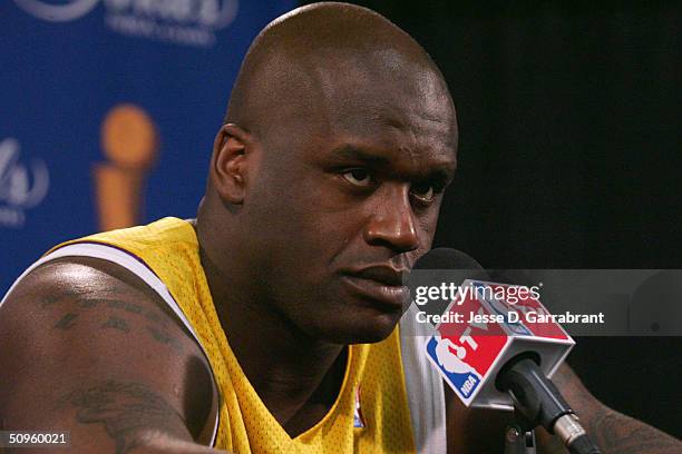 Shaquille O'Neal of the Los Angeles Lakers speaks to the media during media availability the day after Game four of the NBA Finals on June 14, 2004...