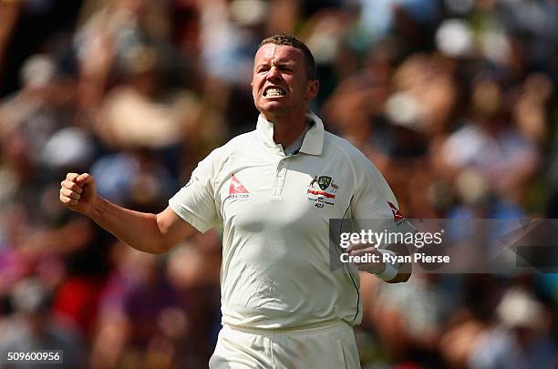 Peter Siddle of Australia celebrates after taking the wicket of Henry Nicholls of New Zealand during day one of the Test match between New Zealand...