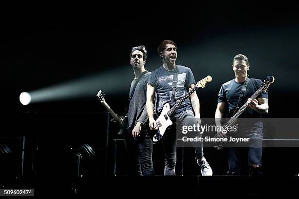 Jack B. Barakat, Alex Gaskarth and Zack Merrick of All Time Low performs live on stage at The O2 Arena on February 11, 2016 in London, England.