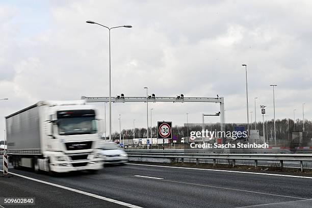 Sign marks entry to Holland at the A40 highway on the German-Dutch border on February 11, 2016 near Straelen, Germany. Despite an announcement by...