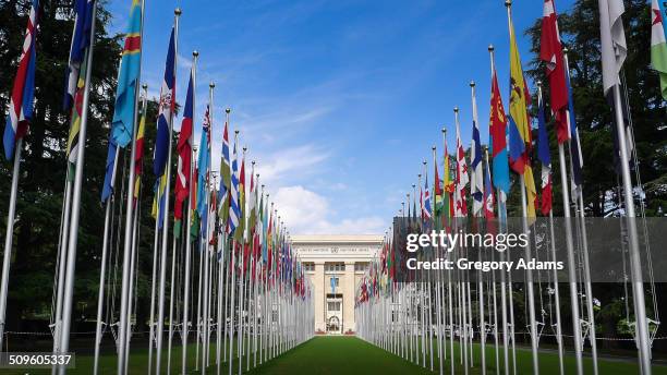 The Flag draped entrance to the United Nations Building in Geneva Switzerland.