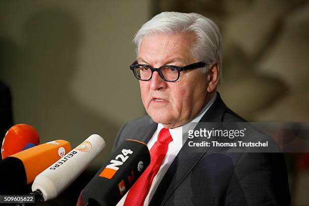 German Foreign Minister Frank-Walter Steinmeier speaks to the media after the meeting of the International Syria Support Group on Februar 12, 2016 in...