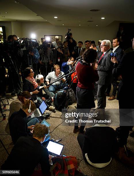 German Foreign Minister Frank-Walter Steinmeier speaks to the media after the meeting of the International Syria Support Group on Februar 12, 2016 in...