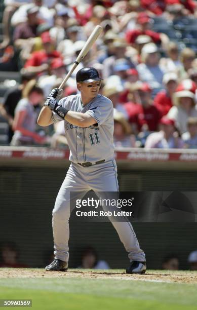 Infielder Geoff Blum of the Tampa Bay Devil Rays waits for an Anaheim Angels pitch during the game at Angel Stadium of Anaheim on May 9, 2004 in...