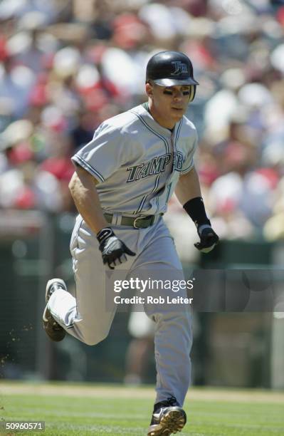 Infielder Rey Sanchez of the Tampa Bay Devil Rays runs the baseline during the game against the Anaheim Angels at Angel Stadium of Anaheim on May 9,...