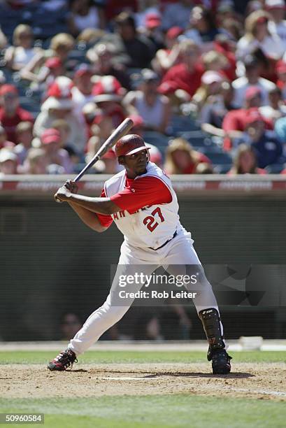 Outfielder Vladimir Guerrero of the Anaheim Angels swings at a Tampa Bay Devil Rays pitch during the game at Angel Stadium of Anaheim on May 9, 2004...